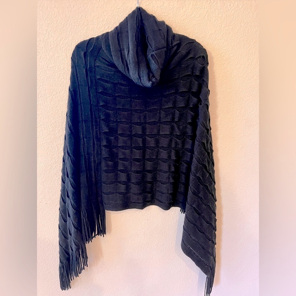 2 chic black poncho with fringes and cowl neck - one size